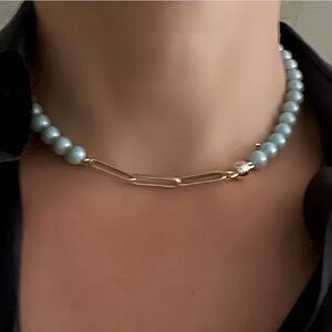 Silver Paperclip and Blue Pearl Choker Necklace